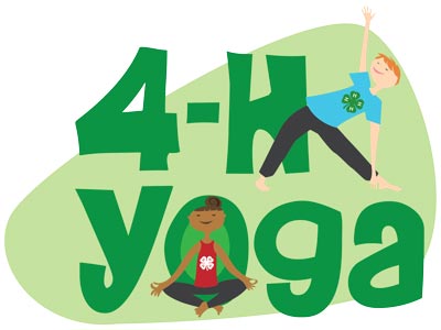 4-H Yoga graphic with cartoon boy and girl doing yoga poses with 4-H clovers on their shirts.