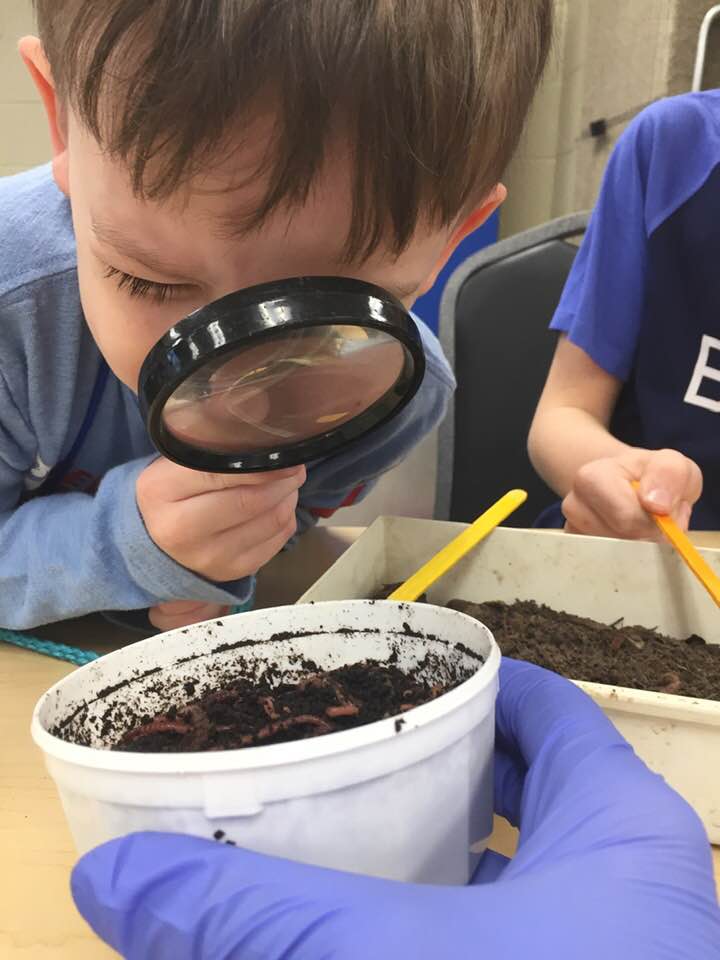 Child using magnifying glass to look at soil sample in a styrofoam cup.