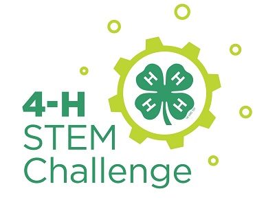 4-H STEM Challenge graphic with lime green gear surrounding the 4-H clover.