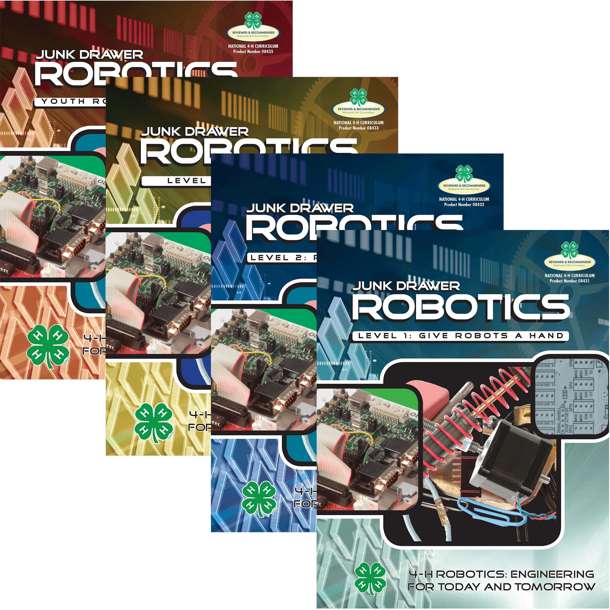 The 4 covers of the Junk Drawer Robotics Curriculum - Levels 1 through 4.