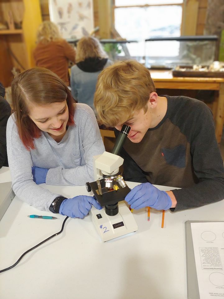 2 students working together in a classroom, one is looking in to a microscope.